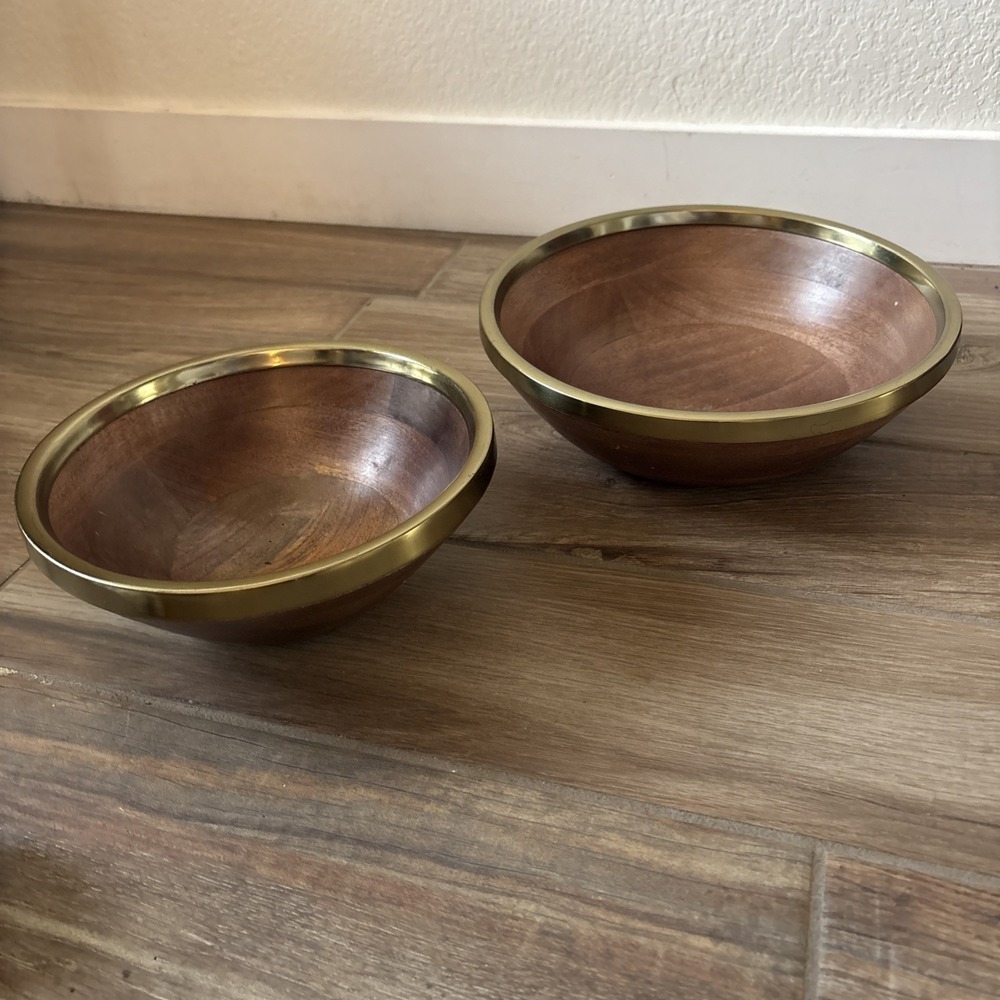 Set Of 2 Wooden Bowls With Gold Trim Large, Small Made In India. Food Safe